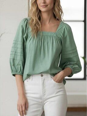 Madewell Square Neck Pleat Sleeve Top Pale Evergreen Small NWT